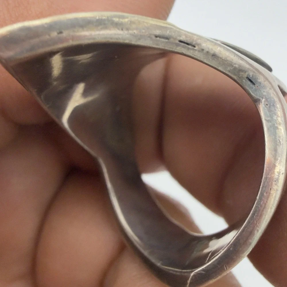 Vtg Custom Made Sterling Damascus Steel Ring Solid 14k Gold Inlay Hammered Read